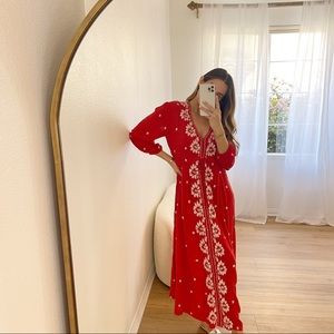 Free People Red Maxi Dress with White Floral Pattern